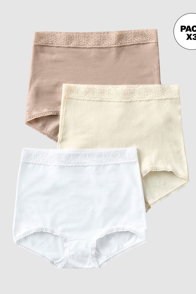PACK X3 BRAGAS ALTAS DE ALGODÒN CON ENCAJE- COLORES SURTIDOS