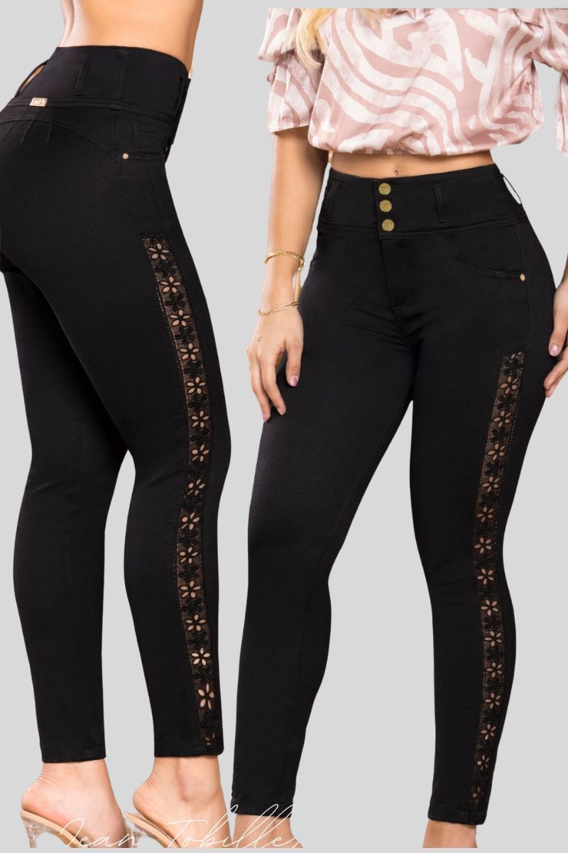 JEAN NEGRO CON ENCAJE FLORAL LATERAL
